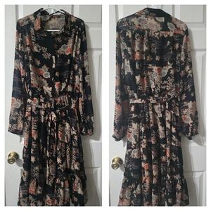 Molly Bracken Floral Print Ruffle Hem Midi Shirt Dress, Stretch Waist, EUC!